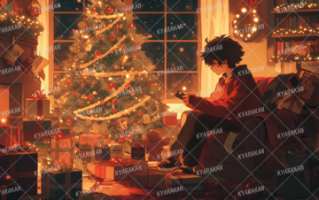 クリスマス　少年　男の子　背景　窓際　部屋の中　クリスマスツリー　暖炉　優しい光　イラスト　背景　素材　ヘッダー　PC壁紙